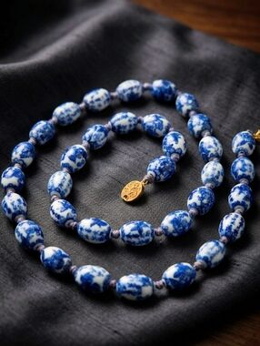 Vintage 70s Chinese Export Blue & White Hand-Knotted Porcelain Bead Necklace